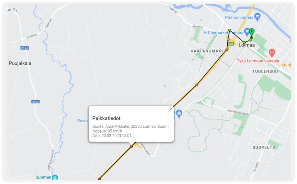 Ajoreitin näyttäminen kartalla.